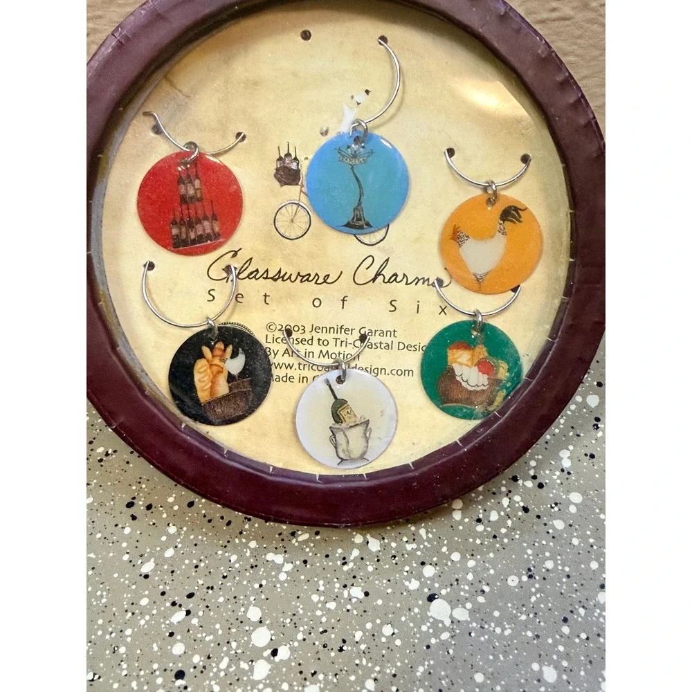 Jennifer Garant Glassware Wine Charms Set‎ of 6 French Bistro Art 2003 Vintage